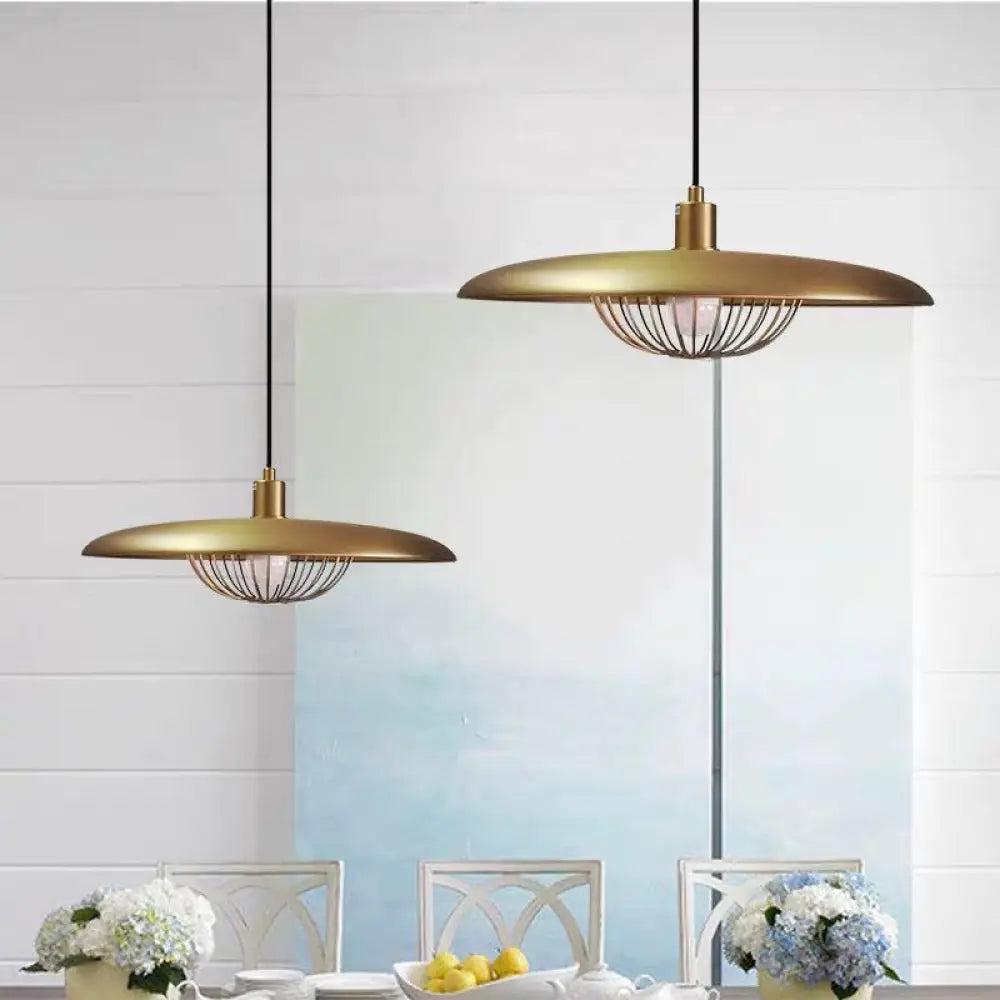 Nordic Saucer Metal Pendant Light With Cage - 1 Head Ceiling Lamp For Dining Room Gold / 14’