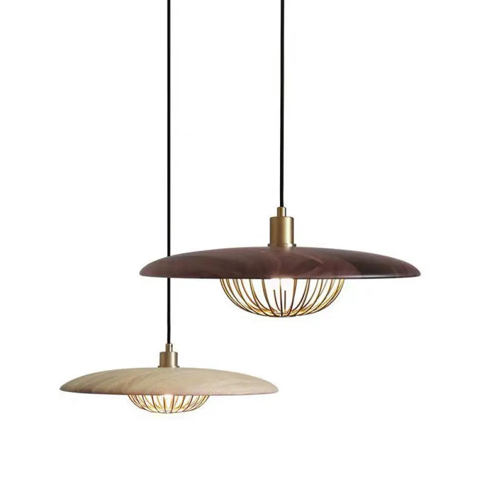 Nordic Saucer Metal Pendant Light With Cage - 1 Head Ceiling Lamp For Dining Room Wood / 14’