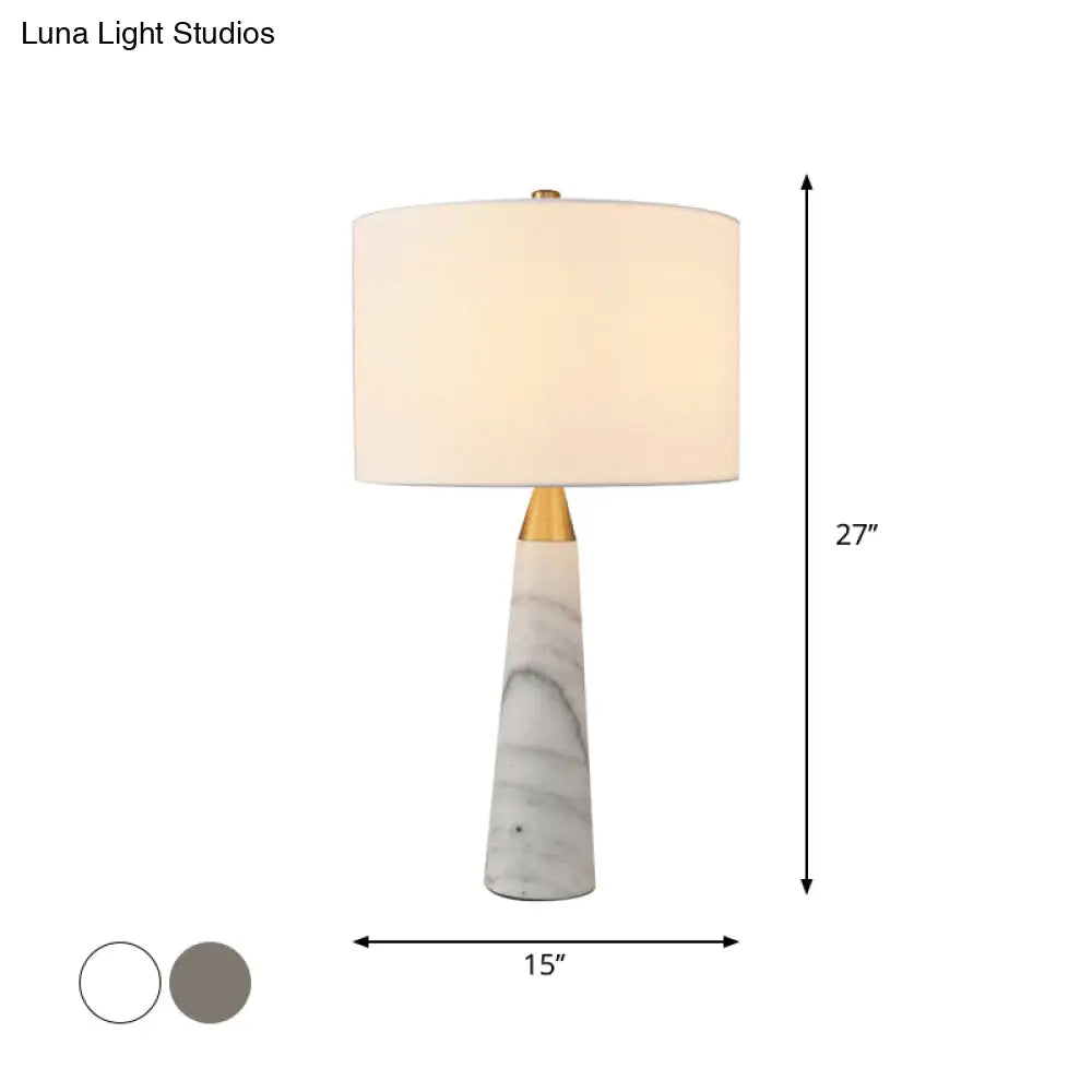 Nordic Single-Bulb Table Lamp With Fabric Cylinder Shade & Conical Marble Base - Grey/White