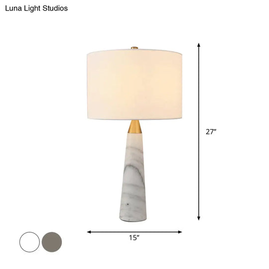 Nordic Single-Bulb Table Lamp With Fabric Cylinder Shade & Conical Marble Base - Grey/White