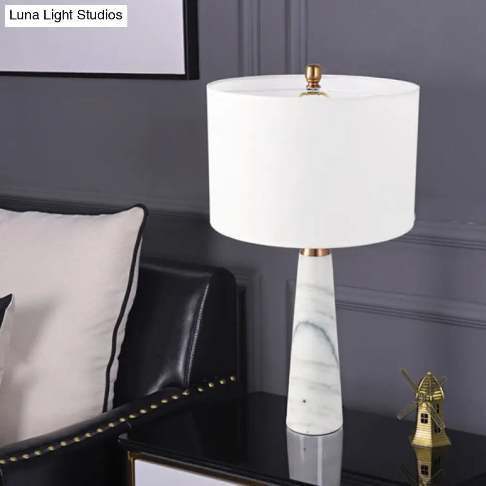 Nordic Single-Bulb Table Lamp With Fabric Cylinder Shade & Conical Marble Base - Grey/White