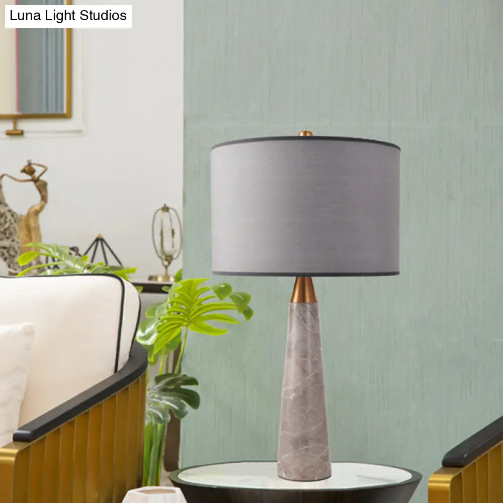 Nordic Single-Bulb Table Lamp With Fabric Cylinder Shade & Conical Marble Base - Grey/White