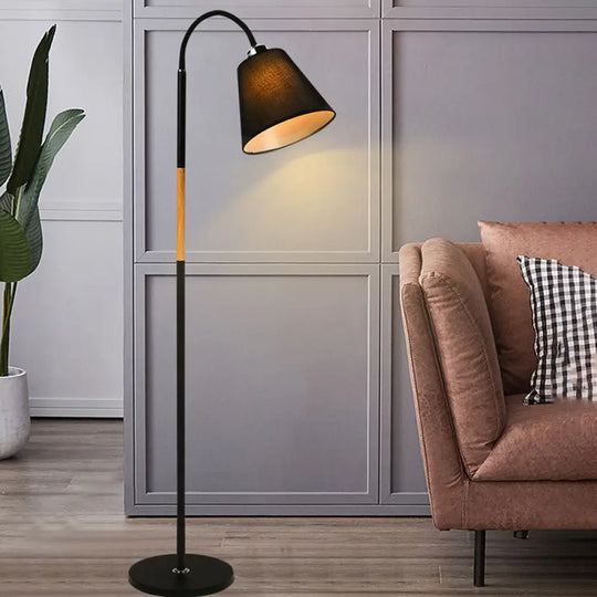 Nordic Single Floor Lamp - Black/White & Wood Gooseneck Standing Light With Cone Shade Black