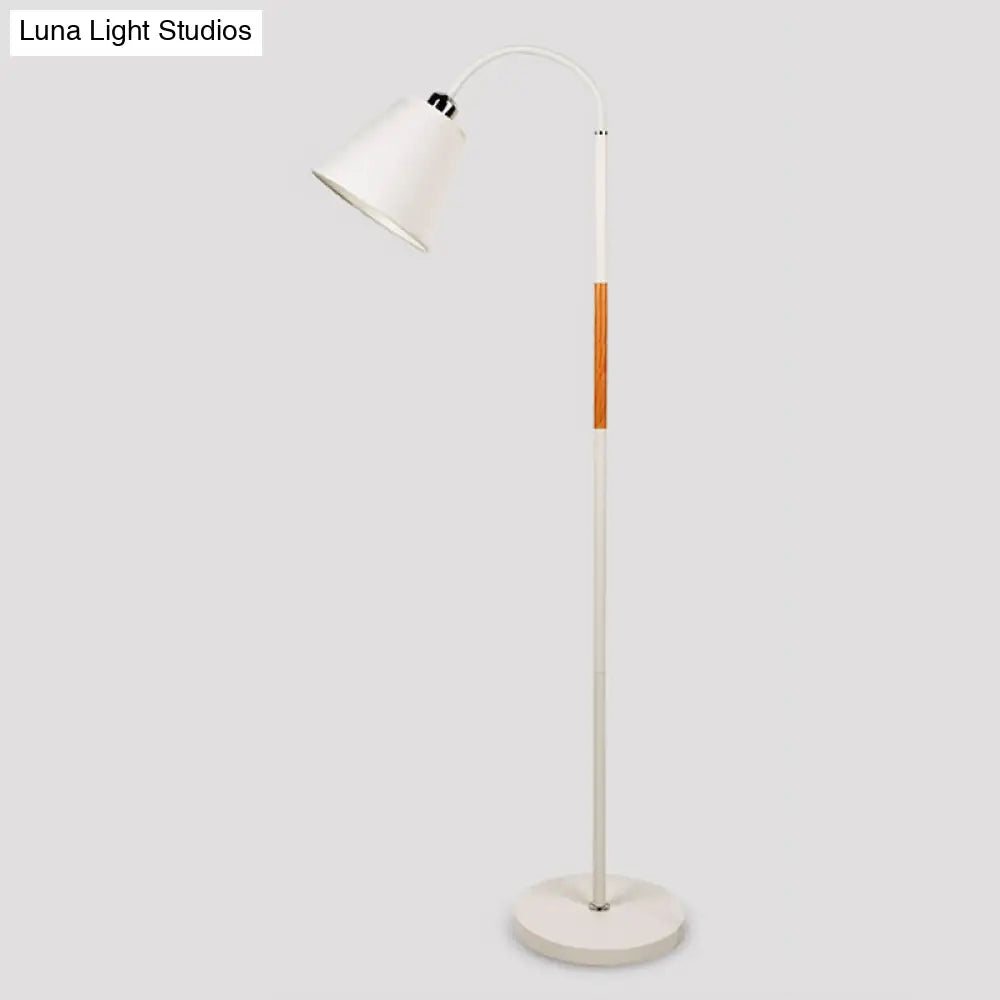 Nordic Single Floor Lamp - Black/White & Wood Gooseneck Standing Light With Cone Shade