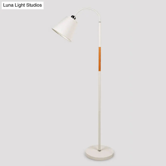 Nordic Single Floor Lamp - Black/White & Wood Gooseneck Standing Light With Cone Shade