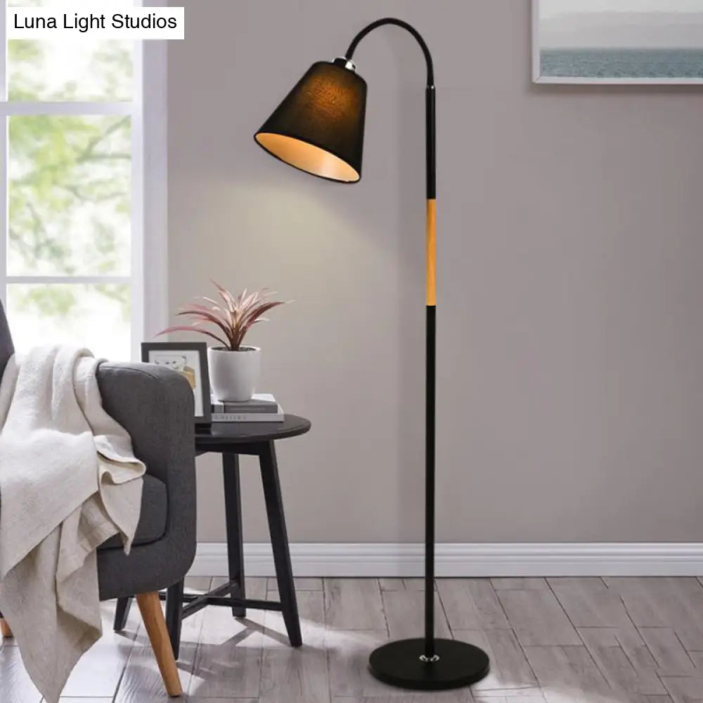 Nordic Single Floor Lamp - Black/White & Wood Gooseneck Standing Light With Cone Shade