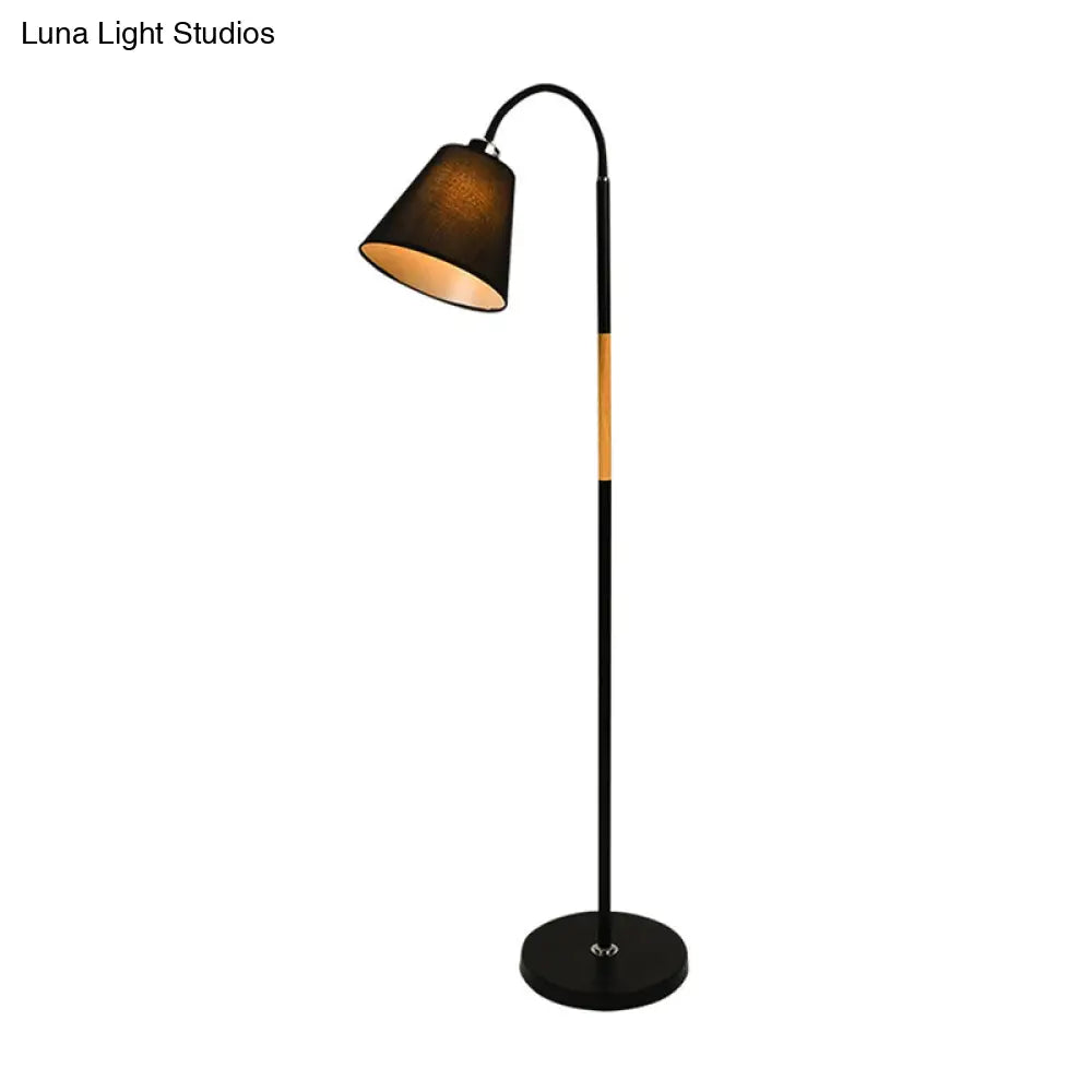 Nordic Single Floor Lamp - Black/White & Wood Gooseneck Standing Light With Cone Shade