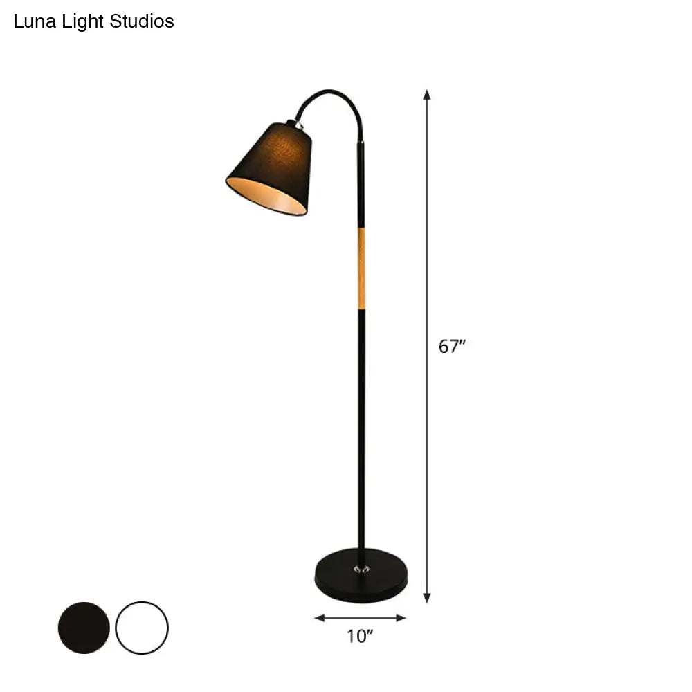 Nordic Single Floor Lamp - Black/White & Wood Gooseneck Standing Light With Cone Shade