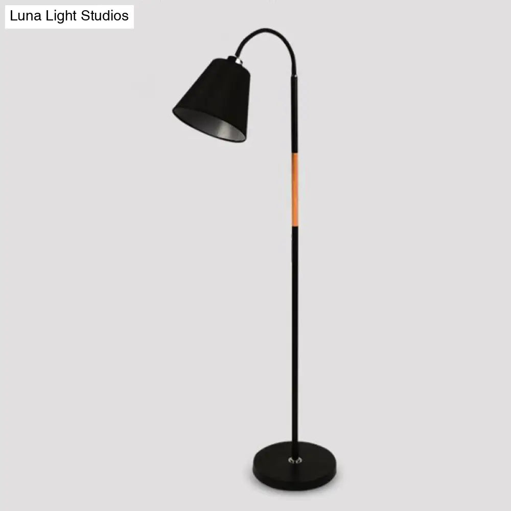 Nordic Single Floor Lamp - Black/White & Wood Gooseneck Standing Light With Cone Shade