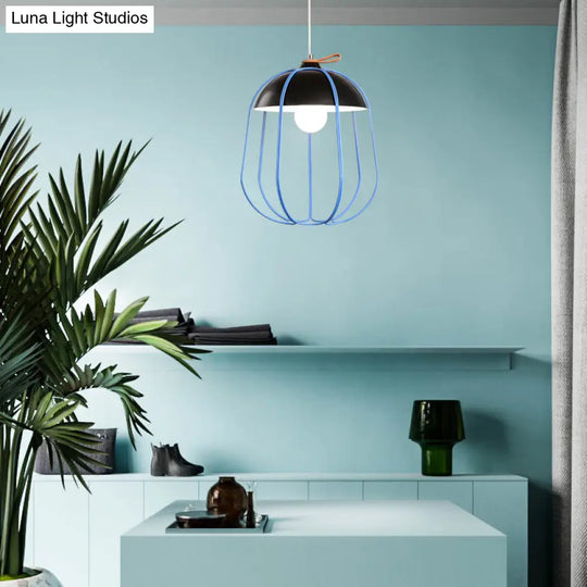 Nordic Single Pendant Light With Wire Guard In Black Blue Or Orange