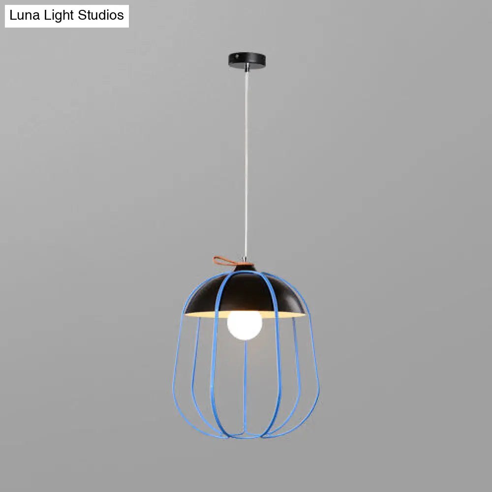 Nordic Metal Single Pendant Light In Black/Blue/Orange - Wire Guard Ceiling Hanging Lamp Black