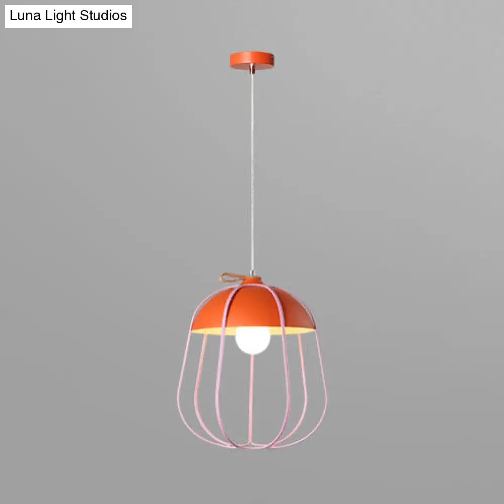 Nordic Metal Single Pendant Light In Black/Blue/Orange - Wire Guard Ceiling Hanging Lamp Orange