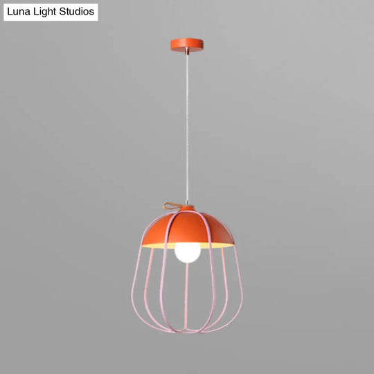 Nordic Metal Single Pendant Light In Black/Blue/Orange - Wire Guard Ceiling Hanging Lamp Orange