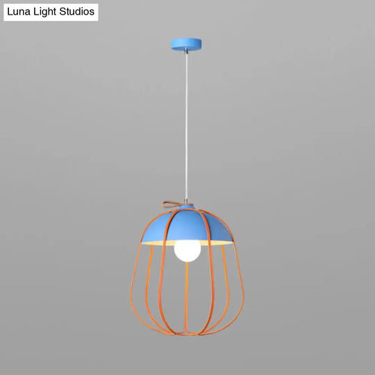 Nordic Metal Single Pendant Light In Black/Blue/Orange - Wire Guard Ceiling Hanging Lamp Blue