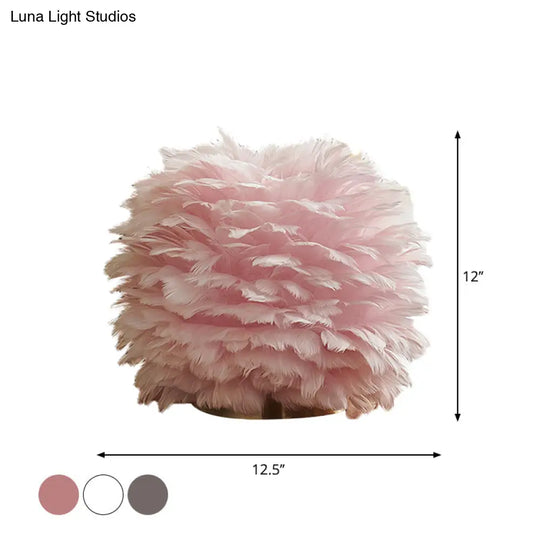 Nordic Sphere Night Lamp - Grey/White/Pink Single-Bulb Feather Table Stand Light For Living Room