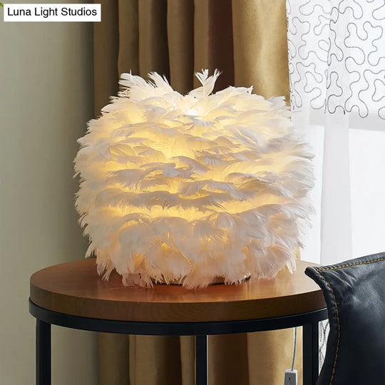 Nordic Sphere Night Lamp - Grey/White/Pink Single-Bulb Feather Table Stand Light For Living Room