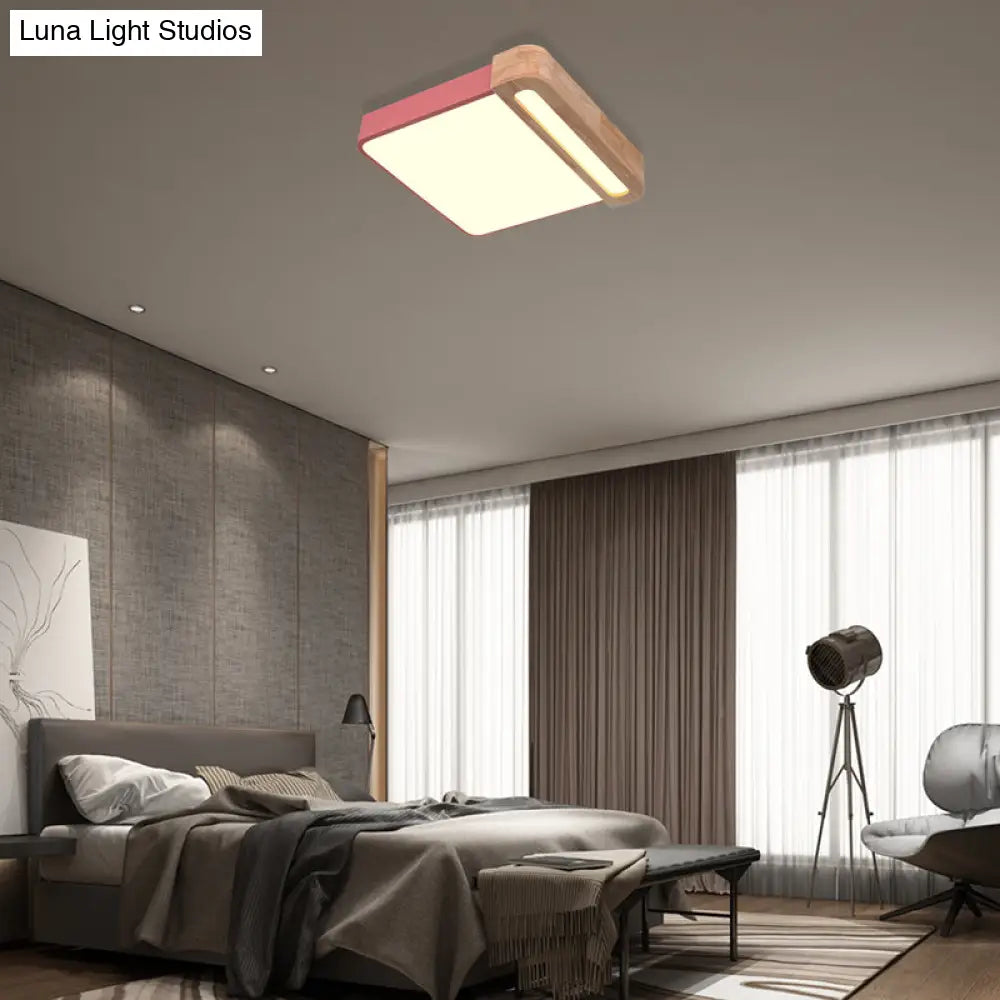 Nordic Square Acrylic Flush Light 12’/16’ Led Surface Ceiling Lamp In Grey/White/Red With Wood