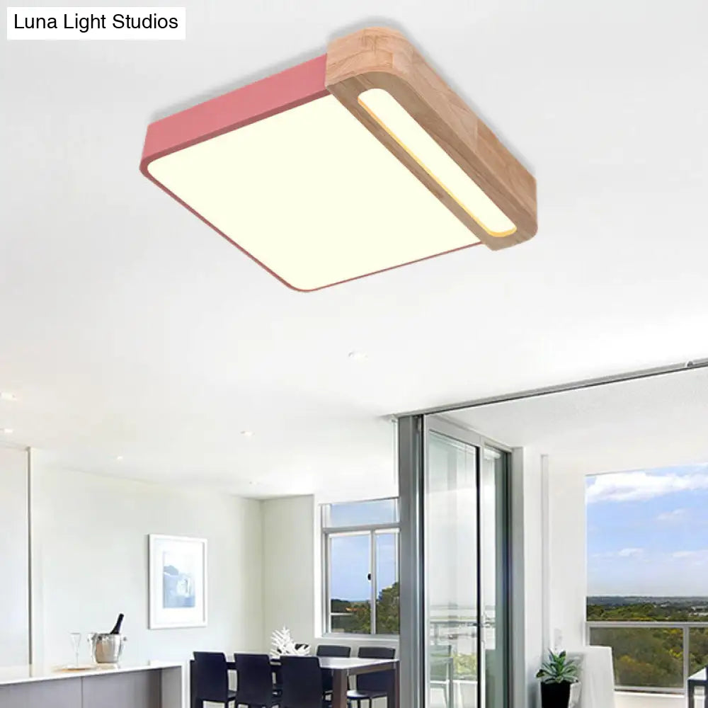 Nordic Square Acrylic Flush Light 12/16 Led Surface Ceiling Lamp In Grey/White/Red With Wood Guard -