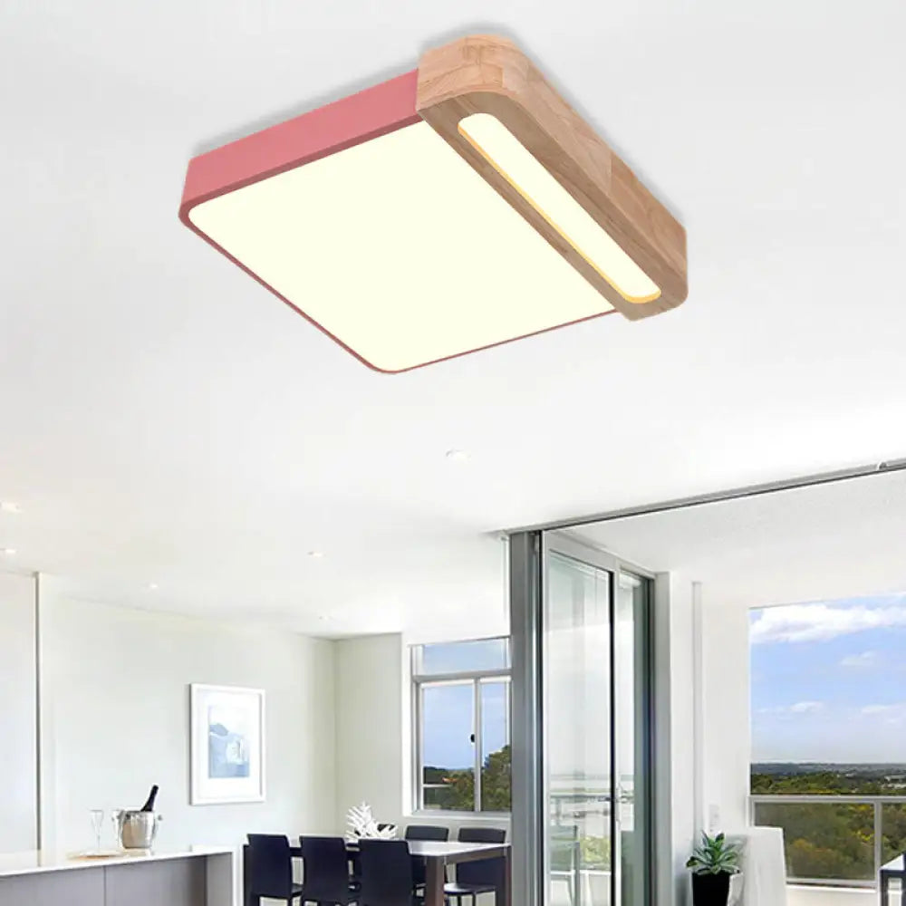 Nordic Square Acrylic Flush Light 12’/16’ Led Surface Ceiling Lamp In Grey/White/Red With Wood