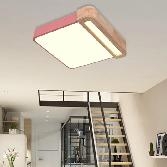 Nordic Square Acrylic Flush Light 12’/16’ Led Surface Ceiling Lamp In Grey/White/Red With Wood