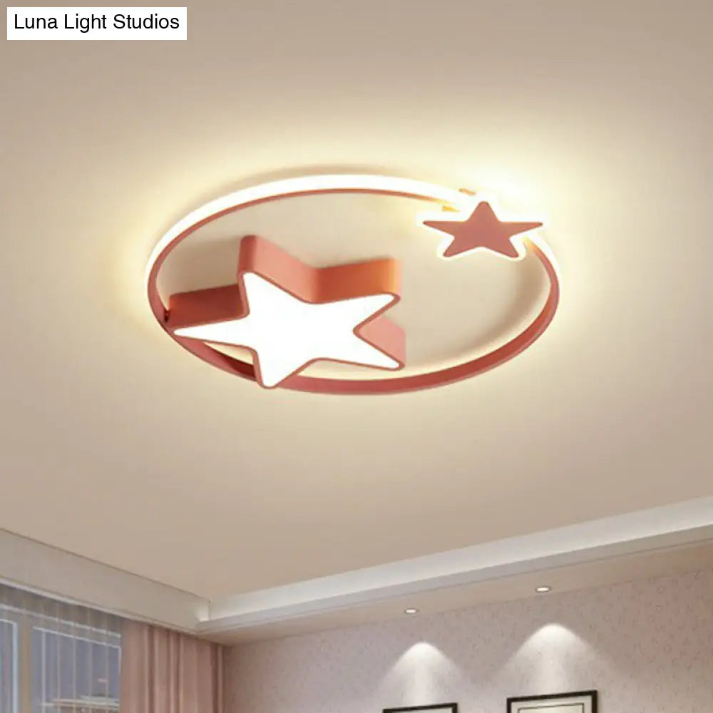 Nordic Star And Ring Shaped Led Flush Mount Lighting For Kids Bedroom - Metallic Fixture