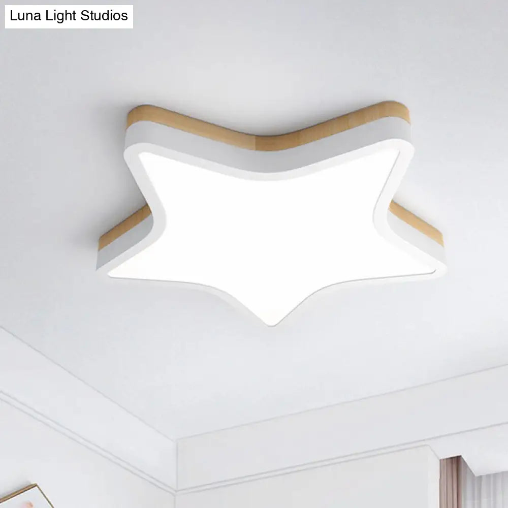 Nordic Star Flush Mount Wooden Ceiling Light For Kids Bedroom With Led Lighting Fixture White /