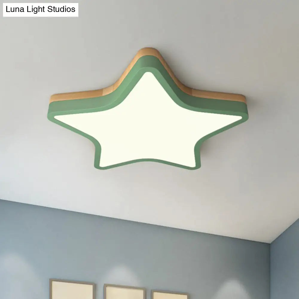 Nordic Star Flush Mount Wooden Ceiling Light For Kids Bedroom With Led Lighting Fixture Green /