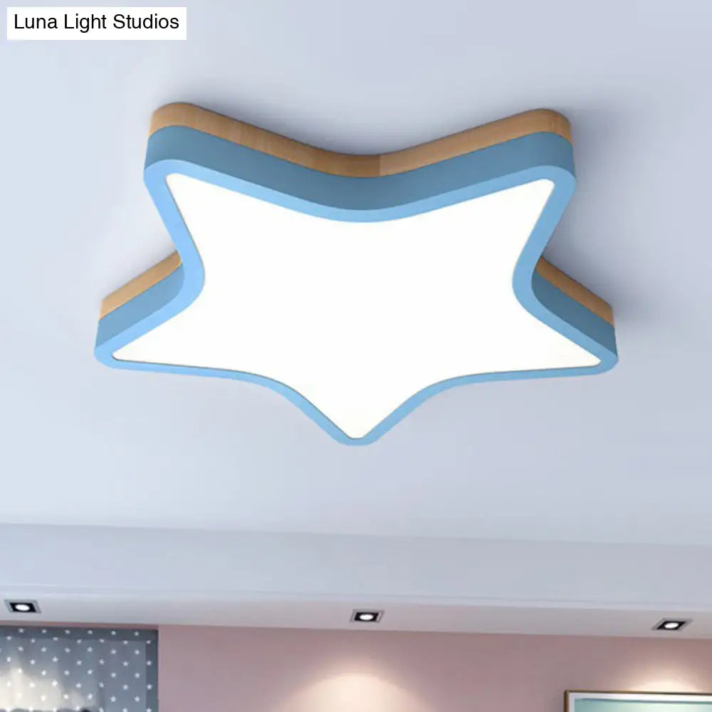 Nordic Star Flush Mount Wooden Ceiling Light For Kids Bedroom With Led Lighting Fixture Blue / Small