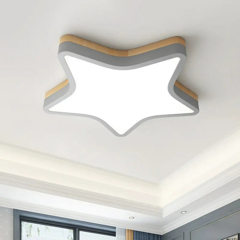 Nordic Star Flush Mount Wooden Ceiling Light For Kids Bedroom With Led Lighting Fixture Grey /