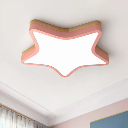 Nordic Star Flush Mount Wooden Ceiling Light For Kids Bedroom With Led Lighting Fixture Pink /