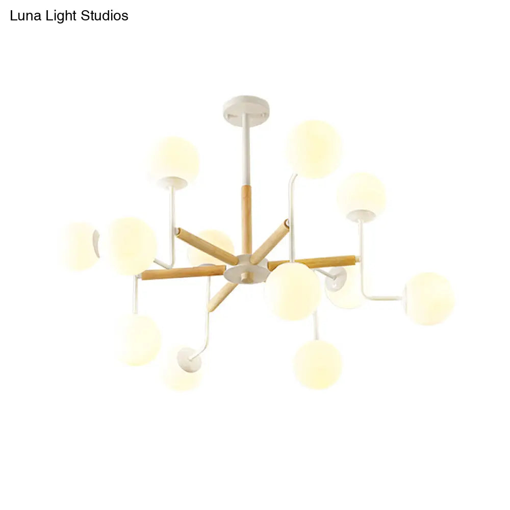 Nordic Starburst Wood Ceiling Light - Semi Flush Chandelier (12 Heads) In White With Milky Glass