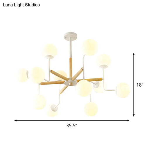 Nordic Starburst Wood Ceiling Light - Semi Flush Chandelier (12 Heads) In White With Milky Glass