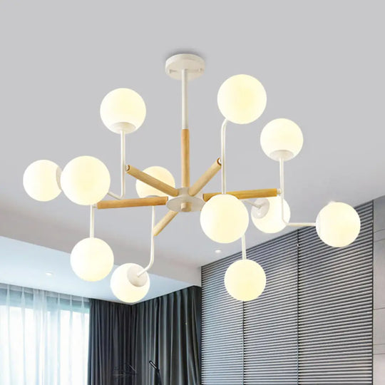 Nordic Starburst Wood Ceiling Light - Semi Flush Chandelier (12 Heads) In White With Milky Glass