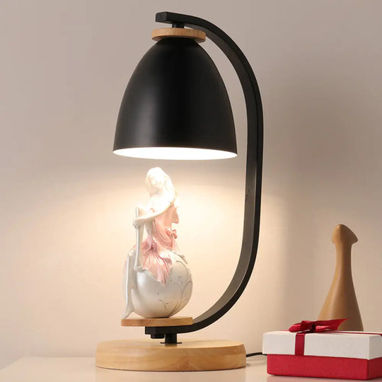 Nordic Style 1-Bulb Metallic Desk Lamp With Bell Shade White/Black Finish And Girl Decor Black