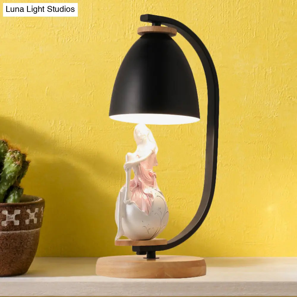 Nordic Style 1-Bulb Metallic Desk Lamp With Bell Shade White/Black Finish And Girl Decor