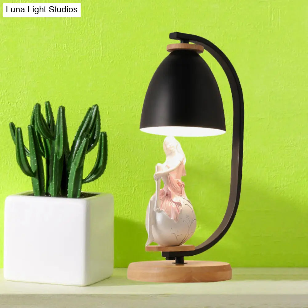 Nordic Style 1-Bulb Metallic Desk Lamp With Bell Shade White/Black Finish And Girl Decor