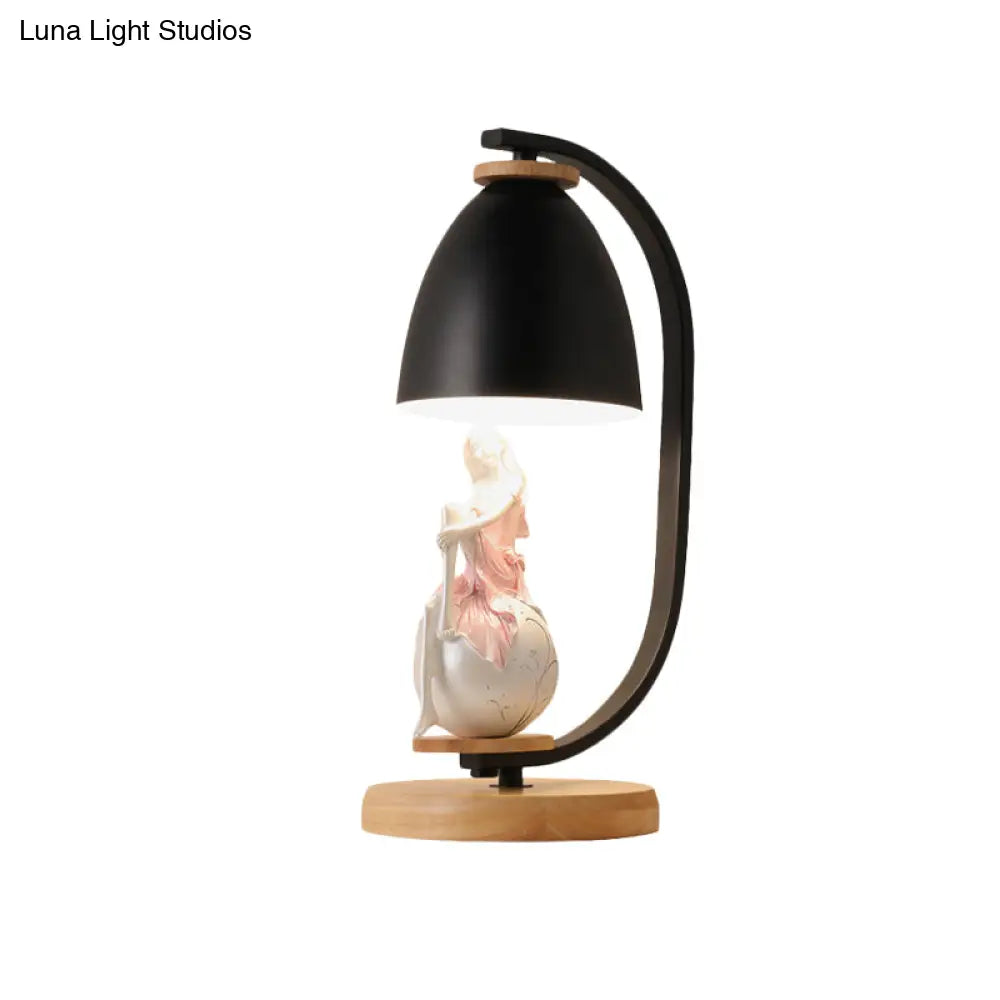 Nordic Style 1-Bulb Metallic Desk Lamp With Bell Shade White/Black Finish And Girl Decor