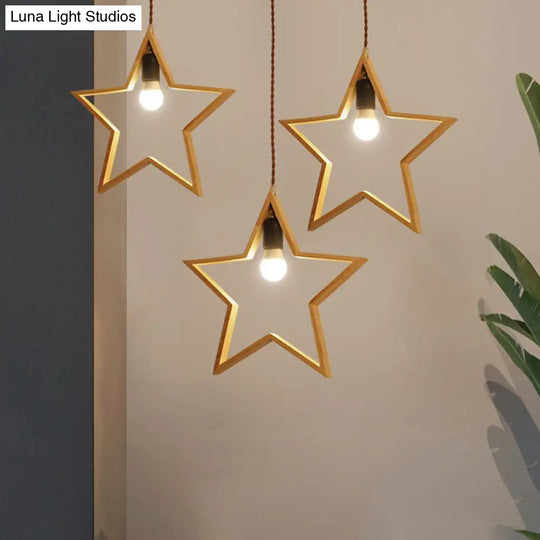 Nordic Style 3-Head Wood Star Pendant Ceiling Light - Wire Frame Multi Suspension Lighting