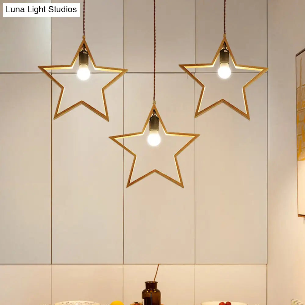 Nordic Style 3-Head Wood Star Pendant Ceiling Light - Wire Frame Multi Suspension Lighting