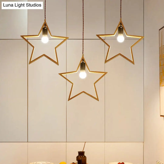 Nordic Style 3-Head Wood Star Pendant Ceiling Light - Wire Frame Multi Suspension Lighting