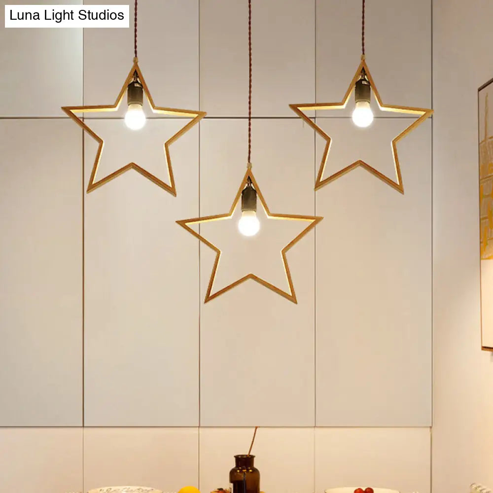 Nordic Style Wood Star Wire Frame Pendant Ceiling Light With 3 Heads