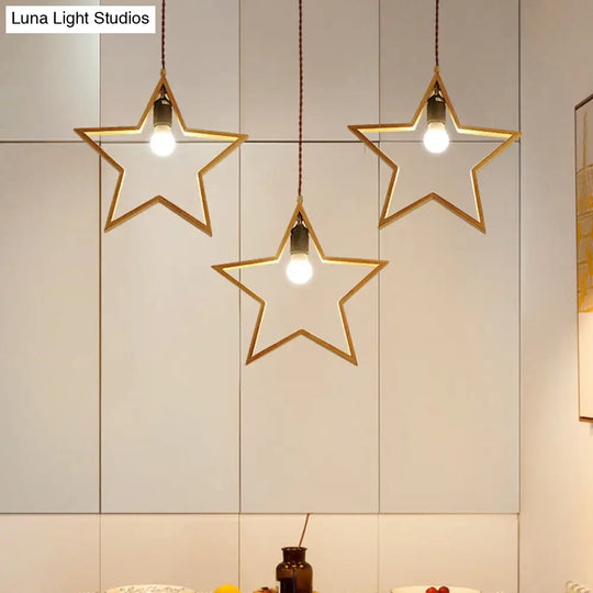 Nordic Style Wood Star Wire Frame Pendant Ceiling Light With 3 Heads