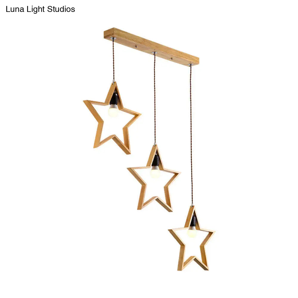 Nordic Style Wood Star Wire Frame Pendant Ceiling Light With 3 Heads