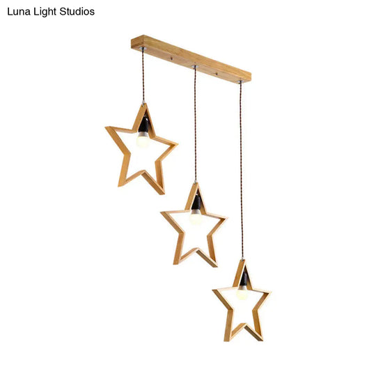 Nordic Style Wood Star Wire Frame Pendant Ceiling Light With 3 Heads