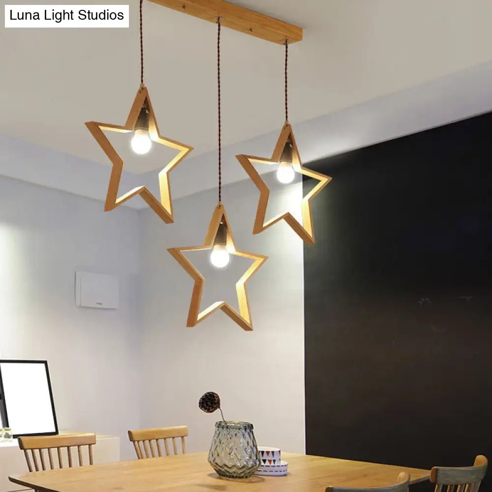 Nordic Style 3-Head Wood Star Pendant Ceiling Light - Wire Frame Multi Suspension Lighting