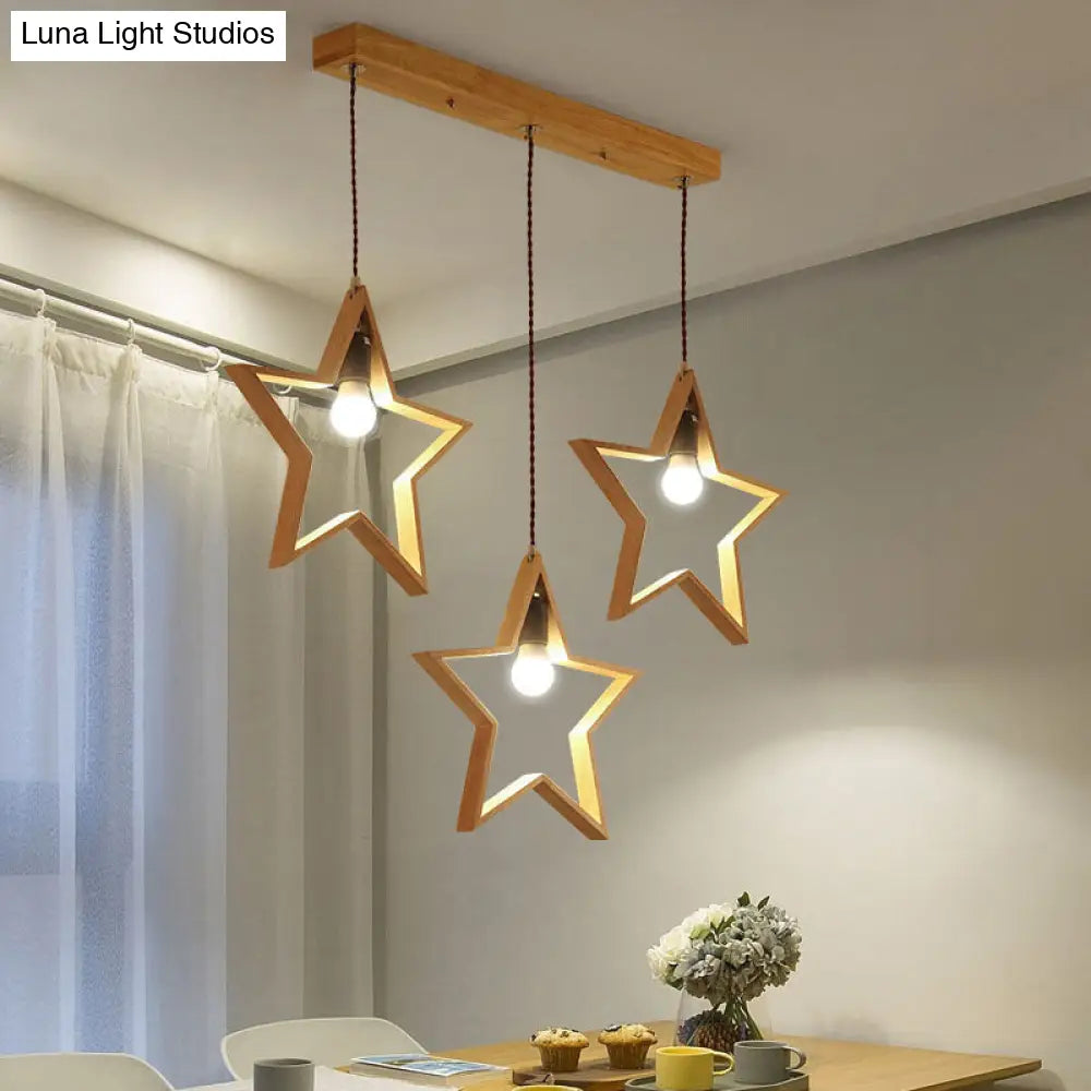 Nordic Style Wood Star Wire Frame Pendant Ceiling Light With 3 Heads