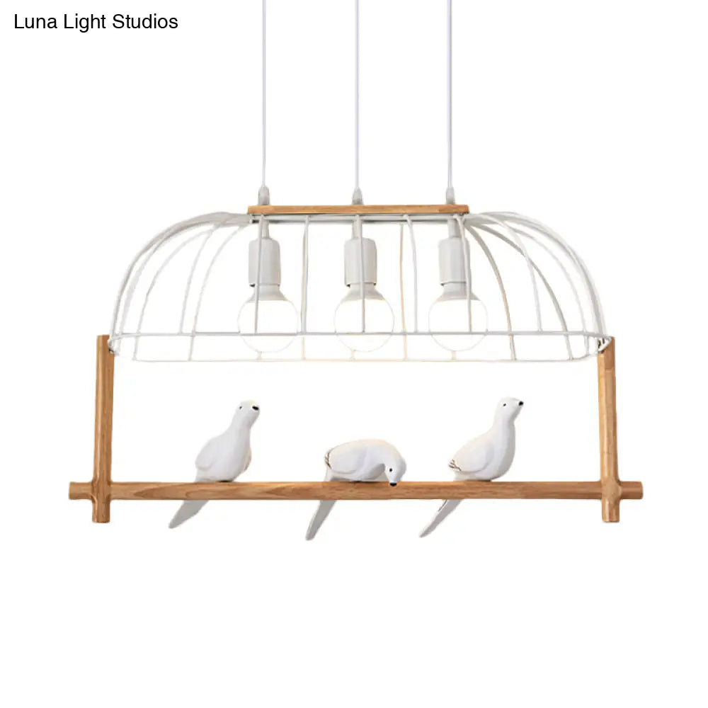 Nordic Style 3-Light Island Pendant With Elongated White Iron Cage And Bird Stand