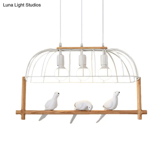 Nordic Style 3-Light Island Pendant With Elongated White Iron Cage And Bird Stand