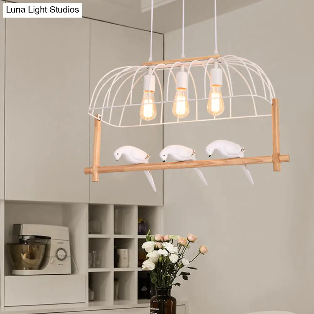 Nordic Style 3-Light Island Pendant With Elongated White Iron Cage And Bird Stand