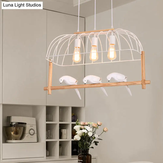 Nordic Style 3-Light Island Pendant With Elongated White Iron Cage And Bird Stand